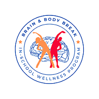 Two silhouettes of people stretching in front of a brain inside of a seal that says Brain and Body Break